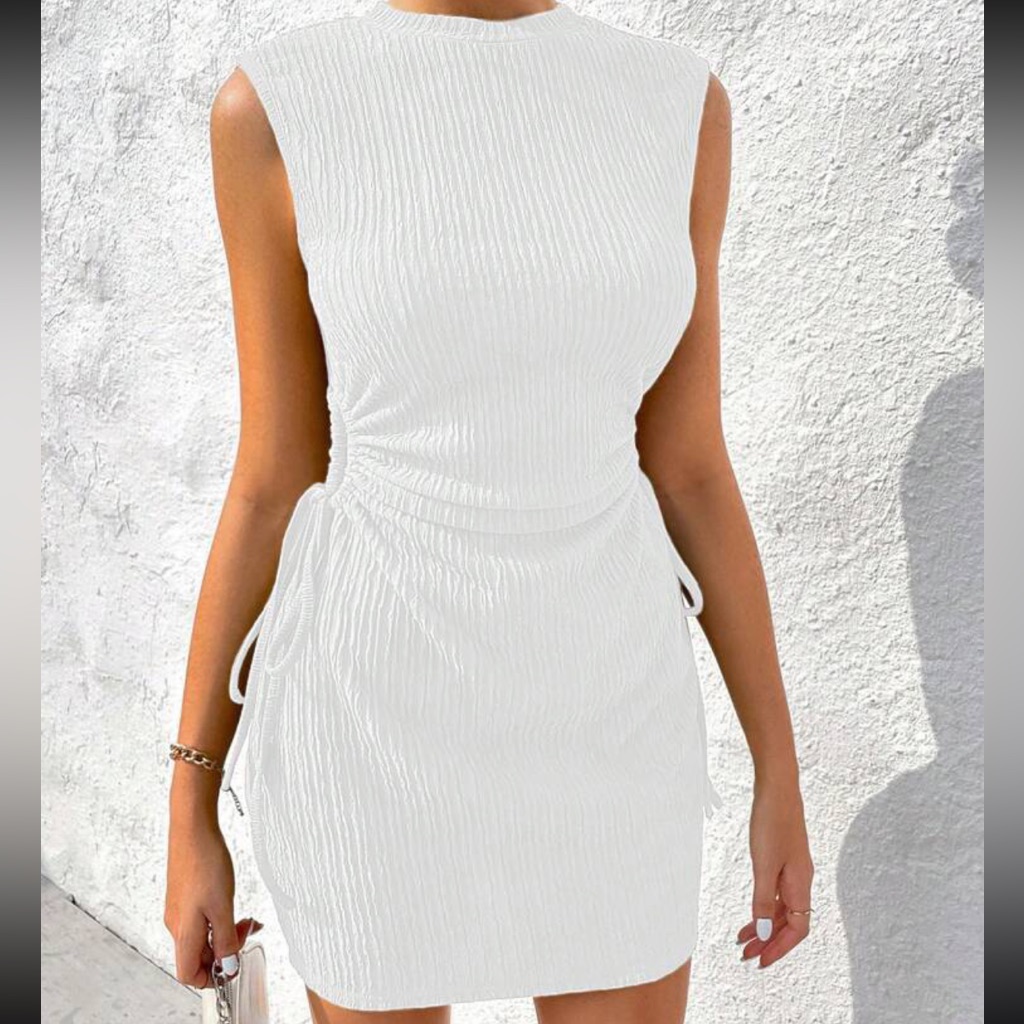 Drawstring Side Solid White Dress.